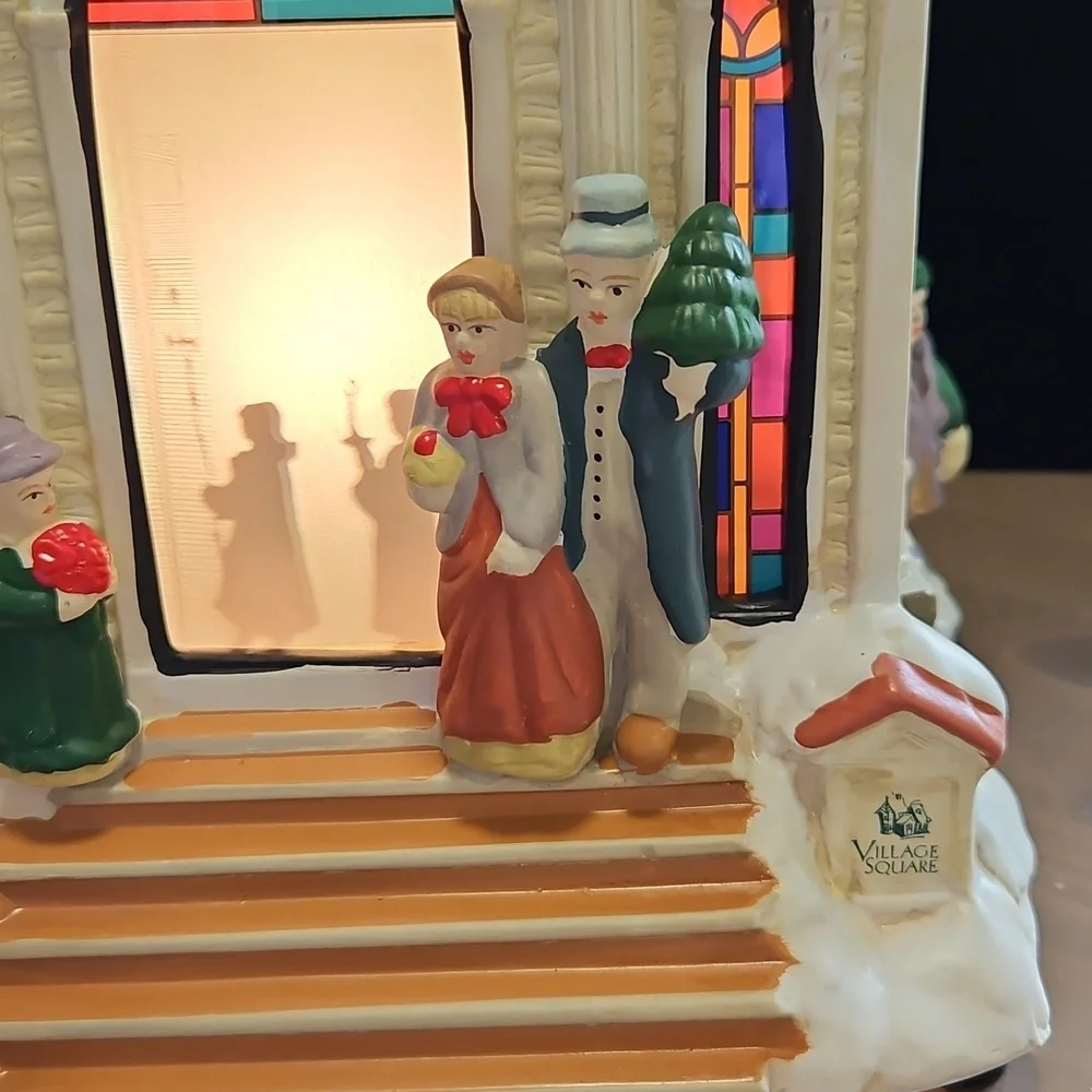 Vintage Village Square Lighted Silhouette Church Ceramic Hand Painted 16"×8" - Picture 2 of 9